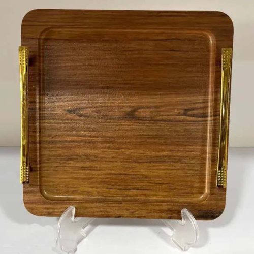 فروش عمده سینی چوبی مربع دسته طلایی