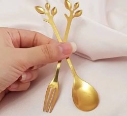 قاشق و چنگال دسر خوری طرح برگ طلایی